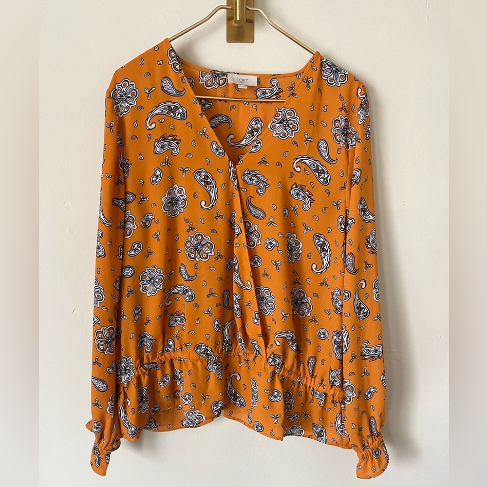 LOFT Orange Boho Paisley Print Top L Long Sleeve Elastic Hem Casual Chic‎